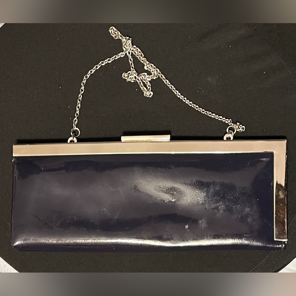 Calvin Klein Elegant Navy Patent Leather Clutch with Silver Trim